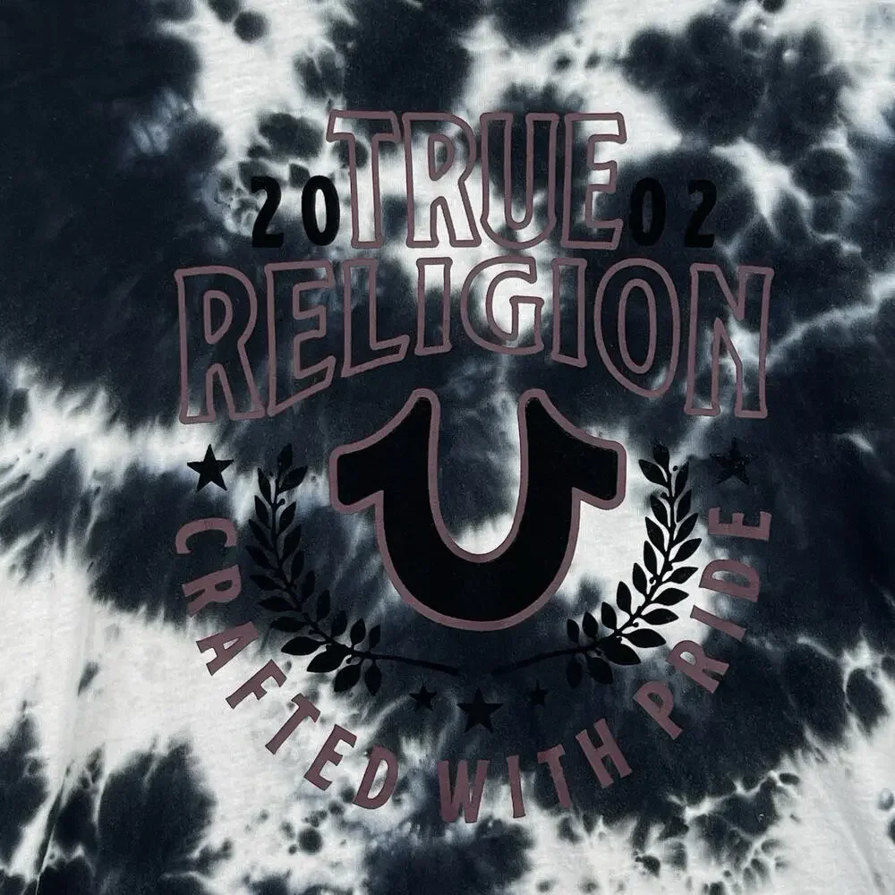 True Religion Tie Dye Black Velour Horseshoe T Shirt Men's 2XL Y2K Streetwear
